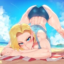 ai_generated android_18 ass beach blonde_hair blue_eyes dat_ass dragon_ball dragon_ball_z earrings female jack-o_pose large_breasts looking_at_viewer outdoors pawg pov pov_eye_contact short_hair solo solo_focus sweat sweatdrop tank_top yelua