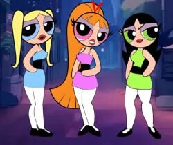 2009 3girls adults aged_up artstyle_imitation bigtyme black_hair blonde_hair blossom_(powerpuff_girls) blue_eyes bubbles_(powerpuff_girls) buttercup_(powerpuff_girls) edit green_eyes grown_up hyper_eyes orange_hair pink_eyes powerpuff_girls theedministrator765