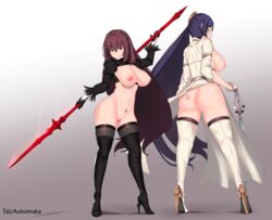 2girls areolae ass aster_crowley big_ass breasts censored cosplay crossover_cosplay fate/grand_order fate_(series) female female_only high_heels large_breasts minamoto_no_raikou_(fate) nier nier:_automata nipples scathach_(fate) thighhighs very_high_heels yorha_2b_(cosplay) yorha_commander