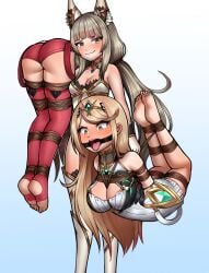 arms_behind_back ass barefoot bondage bound dominant_female domination dominatrix female female_domination femdom femsub gag hogtie mistress multiple_girls multiple_subs mythra negieggy nia nia_(xenoblade) nintendo open_mouth_gag pyra ring_gag rope submissive submissive_female xenoblade_(series)