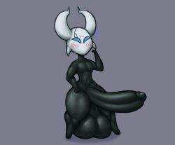 anthro arthropod balls big_balls big_penis bigoo_(jovi_cap) blue_eyes blush genitals hollow_knight horn huge_balls huge_cock insects jovi_cap male penis solo thick_thighs white_head