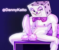 balls bara big_balls big_penis boner bowtie cuphead_(game) dannynsfw dice erection king_dice male male_only muscles muscular non-human nude object_head penis sitting solo solo_male spread_legs toony