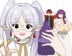 1boy 2girls annoyed annoyed_expression big_breasts breasts clothes_removed covered_nipples covering covering_breasts decay disappearing_clothes female fern_(sousou_no_frieren) frieren glasses male melting melting_clothes meme meme_reference miruyuyo multiple_girls open_mouth potion potion_bottle purple_eyes purple_hair red_hair shocked shocked_expression shogakukan sousou_no_frieren stark_(sousou_no_frieren) steam steaming steaming_body sulking twintails twitter_link white_hair white_hair_female