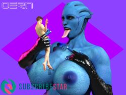 1boy 1girls 3d alien alien_girl asari big_breasts blue_skin breasts female giantess imminent_vore macro male mass_effect nipples oern size_difference smaller_male tongue tongue_out vore