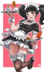 1girls apron black_hair black_panties black_stockings breasts choker cups drinks female female_only food fully_clothed grey_eyes holding_tray lace-trimmed_thighhighs loafers looking_at_viewer maid maid_apron maid_headdress maid_uniform pancakes panties persona persona_5 sadayo_kawakami small_breasts thighhighs tray twintails upskirt urbatman wrist_cuffs