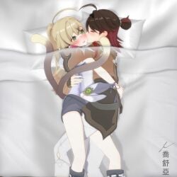 1boy 1girls arms_around_partner blush cat_girl cat_tail embrace embracing female flushed_face gaming_(genshin_impact) genshin_impact green_eyes hugging kirara_(genshin_impact) male male/female see-through straight suggestive tail two_tails two_tone_hair under_covers