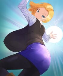 1girls android_18 back_boob big_breasts blonde_hair breasts breasts_bigger_than_head dragon_ball dragon_ball_z female female_only masamasa short_hair solo