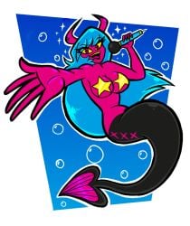 big_breasts blue_hair breasts bubbles covered_nipples demon female helluva_boss looking_at_viewer mermaid mircophone ncmentisart singing star_bra succubus swimming swinging_hips underwater verosika_mayday_(helluva_boss) vivziepop