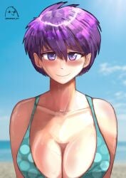 1female 1girls bluekapo breasts cleavage doki_doki_literature_club pixie_cut pixie_cut_female pixie_cut_hair purple_eyes purple_hair short_hair yuri_(doki_doki_literature_club)