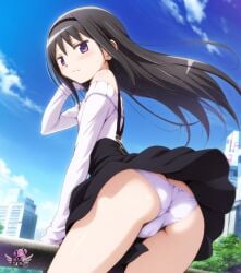 ai_generated akemi_homura artist_logo ass ass ass_focus back_view big_ass big_butt black_hair butt_focus long_hair looking_back madoka_worship magical_girl mahou_shoujo_madoka_magica panties pantyshot puella_magi_madoka_magica purple_eyes ribbon skirt straight_hair thick_thighs upskirt