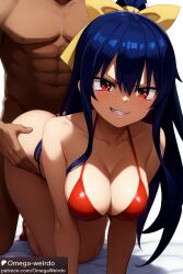 1girl1boy ai_generated bedroom bedroom_sex big_breasts bikini blue_hair doggy_style doggy_style_position edens_zero evil_grin evil_smile female grabbing_from_behind homura_kogetsu long_hair muscular_male omega-weirdo patreon ponytail red_eyes ribbon sex smile