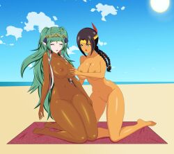 2girls anoneysnufftan applying_sunscreen banjo-kazooie beach beach_towel blue_eyes breasts brown_hair crossover eastern_and_western_character edasbild embarrassed embarrassed_nude_female female female_only fire_emblem fire_emblem:_three_houses green_eyes green_hair hair_feather headdress humba_wumba humiliation imminent_death killer_lotion long_hair lotion massage murder native_american nintendo nipples nude ocean oil oiled peril punishment pussy rubbing sand seaside shiny_skin sky snuff sothis_(fire_emblem) source_request summer sunbathing sunscreen towel wince