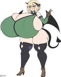 alphaerasure artist_name breast_expansion full-face_blush gigantic_ass gigantic_breasts gigantic_thighs gloves heels hourglass_figure hyper_breasts hyper_thighs leotard long_gloves nervous nervous_smile sequence succubus thick_thighs thighhighs wide_hips