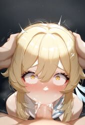 ai_generated blonde_hair blowjob cum cum_in_mouth cum_inside genshin_impact looking_at_viewer lumine_(genshin_impact) miurai oral oral_penetration oral_sex