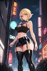 ai_generated big_ass big_breasts blonde_hair curvy elf large_ass large_socks latex_clothing latex_skirt latex_stockings long_legs miniskirt short_hair tight_clothing