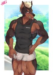 anthro blush bodily_fluids bulge canid canine canis dobermann domestic_dog ear_piercing hi_res hiei0221 male mammal muscular muscular_male nipple_slip piercing pinscher solo sweat tongue tongue_out