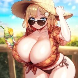 ai_generated beach big_breasts bikini blonde_hair blue_eyes breasts breasts_bigger_than_head cleavage drink hawaiian_shirt holding_drink hololive hololive_english hololive_myth huge_breasts large_breasts mommy side-tie_bikini straw_hat sunglasses tropical_drink virtual_youtuber vtuber watson_amelia