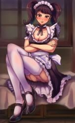 1girls annoyed apron bed black_hair blue_eyes bowtie breasts choker female female_only fully_clothed garter_straps high_heels looking_at_viewer maid maid_apron maid_headdress maid_uniform medium_breasts on_bed panties persona persona_5 pout sadayo_kawakami thighhighs toasty_scones twintails upskirt white_panties