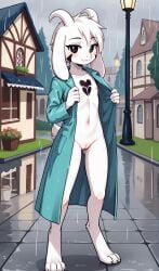 1girls 2024 ai_generated anthro asriel_dreemurr asriel_dreemurr_(god_form) ass_visible_through_thighs black_markings blushing coat digitigrade female female_only flashing flat_chest goat hi_res horns innie_pussy looking_at_viewer nude nude_female open_coat outdoors pink_nipples pussy raining rule_63 smile undertale wet wet_body white_fur