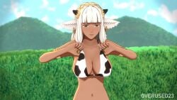 1girls 3d accident accidental_exposure adjusting_clothes animated armpits ash_(fire_emblem) bangs bare_arms bare_midriff bare_shoulders bouncing_breasts breasts breasts_out brown_eyes cleavage collarbone cow_girl cow_print cow_print_bikini dark-skinned_female dark_skin earrings female female_only fire_emblem fire_emblem_heroes grass grey_hair horns large_breasts long_hair looking_down midriff nintendo nipples no_sound outdoors overused23 pointy_ears shocked shoulders sideboob solo upper_body video wardrobe_malfunction