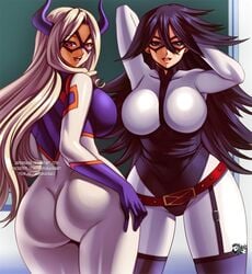 2_bimbos 2girls ass backboob big_ass big_breasts bimbo bimbos black_hair blonde_hair blue_eyes bodysuit breasts classroom clothed dat_ass dominatrix hands_behind_head hands_on_hips huge_ass huge_breasts jadenkaiba large_breasts looking_at_viewer midnight_(my_hero_academia) mount_lady my_hero_academia naughty_face nemuri_kayama presenting presenting_ass seductive seductive_look seductive_pose skin_tight thick_thighs tight_clothing watermark wide_hips yuu_takeyama