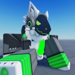 3d animal_genitalia animal_penis anthro anthro_only balls blank_background erect_penis erection furry furry_ears furry_male furry_only gay gay_male glowing_genitalia glowing_penis green_(greentoaster) green_pawpads greentoaster knot knotted_penis made_using_roblox male male_focus male_only nostrils pawpads paws penis presenting_penis protogen protogen_armor protogen_visor roblox robloxian self_upload sheath sitting solo solo_anthro solo_male stockings white_ears white_fur