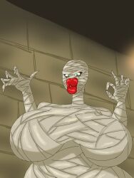 big_breasts breasts brick_wall female green_eyes lips mummy solo spring-aftontrap thick_lips wall_(structure)