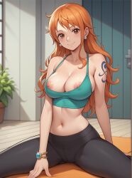 ai_generated brown_eyes earrings female female_only gym_uniform hair long_hair midriff nami nami_(one_piece) navel nipples one_piece orange_eyes orange_hair pants robinlover smile solo solo_female tagme tattoo yoga_pants