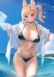 1girls 2d 2d_(artwork) alternate_costume animal_ears belly_button big_breasts bikini bikini_bottom bikini_top black_bikini black_bikini_bottom black_bikini_top black_swimsuit blonde_hair bra chromevt clouds covered_nipples day estebaneishon1 female female_focus female_only flower flower_in_hair front_view hourglass_figure latam_virtual_youtuber light-skinned_female light_skin looking_at_viewer mole mole_on_thigh navel ocean open_shirt outdoors pink_eyes revealing_swimsuit sky slim_girl smiling smiling_at_viewer solo solo_female solo_focus standing standing_in_water summer swimsuit thong thong_bikini two_piece_swimsuit virtual_youtuber vtuber vtuberfanart water white_shirt