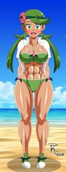 1girls 2018 abs alternate_breast_size artist_signature beach bikini blue_sky blush blushing breasts cleavage clothed clothing curvy dark-skinned_female dark_skin dated eyebrows_visible_through_hair eyelashes female female_only fit fit_female flower flower_in_hair fully_clothed game_freak green_bikini green_eyes green_hair green_shoes green_swimsuit hair_flower hourglass_figure huge_breasts looking_at_viewer mallow_(pokemon) muscles muscular muscular_female navel nintendo ocean open_mouth open_shirt outdoors panties pink_flower pk-studios pokemon pokemon_sm sea shiny_clothes shiny_hair shiny_skin shirt shoes signature sky smile smiling solo standing text thick_thighs toned_female tongue twintails video_game water watermark white_shirt wide_hips