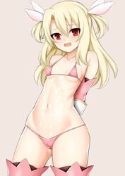 arms_behind_back bare_shoulders beige_background bikini black_legwear blonde_hair collarbone commentary_request cum cum_on_body cum_on_upper_body detached_sleeves eyebrows_visible_through_hair fate/kaleid_liner_prisma_illya fate_(series) female hair_between_eyes hair_ornament illyasviel_von_einzbern long_hair looking_at_viewer micro_bikini navel pink_bikini pink_legwear red_eyes smile solo swimsuit thighhighs toshishikisai