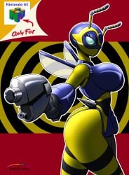 antennae_(anatomy) bee bee_girl big_breasts buck_bumble buck_bumble_(game) bug bug_girl cyborg cyborg_girl green_eyes gun hyperflannel insects nintendo nintendo_64 rule63 rule_63 stinger stripes