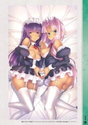 2girls ass big_breasts blue_eyes chinese_girl chinese_girls dark_skin female garter_straps kannei_kouha koihime†_(series) maid maid_headdress no_panties official_art pink_hair small_breasts sonken_chuubou_(koihime_musou) violet_eyes violet_hair