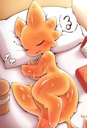 ai_generated anthro ass bed bedding bedding_background blush bodily_fluids breasts closed_eyes female furniture glistening glistening_body hellsonger hi_res lying nude on_bed on_side open_mouth orange_body pillow semi-anthro sleeping solo sound_effects vowelless vowelless_sound_effect zzz