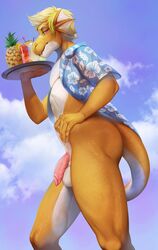 adelaherz anthro balls beverage cloud flaccid hair hi_res looking_at_viewer low-angle_view male male_only open-shirt outside penis scalie solo standing waiter