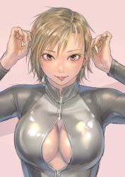 blonde_hair brown_eyes cleavage female female_only fully_clothed grey_bodysuit kilye_4421 latex latex_bodysuit latex_clothing looking_at_viewer rubber rubber_clothing shiny_clothes split_tongue sweat tight_clothing tongue tongue_out zipper