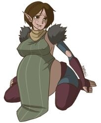 1girls armpits big_belly big_breasts breasts brown_eyes brown_hair dark-skinned_female dark_skin dragon_age dragon_age_2 dragon_age_origins dress elf face_markings feet female female_only gloves merrill_(dragon_age) narodii pregnant ready_to_pop sideboob sitting solo tattoo text toes wariza watermark