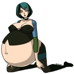 1girls belly big_belly black_eyes black_hair blue_hair blue_lipstick choker clothed female female_only gwen_(tdi) huge_belly human large_breasts large_nipples lipstick multicolored_hair narodii nipples nipples_visible_through_clothing pregnant ready_to_pop solo stockings total_drama_island