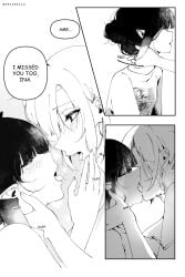 2girls big_breasts doujinshi doujinshi_page english english_text female female/female female_only females_only hololive hololive_english hololive_myth keisea kemonomimi kissing lesbian_kiss manga_page monochrome ninomae_ina'nis small_breasts virtual_youtuber vtuber vtubers watson_amelia yuri