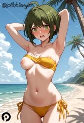 @_@ accidental_exposure ahoge ai_generated armpits arms_behind_head arms_up ass_visible_through_thighs bandeau bangs bare_shoulders beach bikini blue_sky blush breasts cameltoe clothes_lift cloud collarbone cowboy_shot danganronpa danganronpa_ultra_despair_girls day embarrassed female green_eyes green_hair looking_at_viewer medium_breasts naegi_komaru navel nipples nose_blush ocean open_mouth orange_bikini outdoors palm_tree pikkiwynn short_hair side-tie_bikini_bottom sky solo standing stomach swimsuit thigh_gap thighs tree wardrobe_malfunction water yellow_bikini