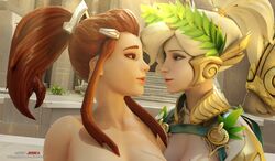 3d artist.jessica blonde_hair blue_eyes brigitte mercy muscular overwatch red_hair size_difference thick_thighs thighhighs yuri