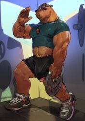 absurd_res anthro barely_visible_genitalia barely_visible_penis biceps biped bottomwear brown_body brown_fur bulge capybara caviid clothing darkgem digital_drawing_(artwork) digital_media_(artwork) exercise footwear fur genital_piercing genitals gesture hat headgear headwear hi_res male male_anthro mammal muscular muscular_anthro muscular_male navel penis penis_piercing piercing prince_albert_piercing rodent shirt shoes shorts solo tattoo tight_clothing tight_shirt tight_topwear topwear wardrobe_malfunction waving weightlifting whistle_(object) workout