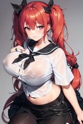 ai-generated ai-generated_art_(topic) ai_generated azur_lane black_skirt black_socks breasts female highres honolulu_(azur_lane) honolulu_(umbrella_girl)_(azur_lane) long_hair non-web_source red_hair shirt skirt socks sweat wet wet_clothes wet_shirt