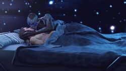 3d 3d_(artwork) alien alien/human alien_girl bed cuddling doinks-ahoy high_resolution highres interspecies kiss kissing mass_effect mass_effect_andromeda scott_ryder turian vetra_nyx