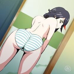 1girls ass bending_forward black_hair blue_striped_panties breasts canon_panties favorite grey_eyes keimaru kill_la_kill looking_back matoi_ryuuko panties red_highlights shimapan sideboob smile smiling striped_panties topless two_tone_hair watermark