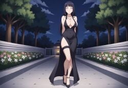 ai_generated arms_behind_back big_breasts black_hair civitai dress elegant_dress fishnets full_body high_heels hyuuga_hinata large_breasts long_hair looking_at_viewer naruto naruto_(series) naruto_shippuden necklace nipple_slip nipples no_pupils purple_eyes silver_necklace small_waist stockings