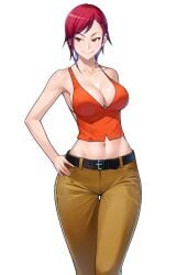 ai_generated back_view baggy_clothing belt breasts cargo_pants cleavage digital_media_(artwork) female_only flat_colors front_view hairclip hourglass_figure midriff navel original original_artwork original_character red_eyes red_hair side_swept_bangs simple_background smile tank_top thick_thighs white_background wide_hips