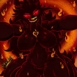 ada_darkrage belly_button black_body black_hair blush blush_lines breasts breasts demon_girl demon_horns demon_tail dominant_female fire flames glowing_eyes heart heart_eyes horns larger_female licking_lips long_ears long_hair looking_at_viewer midriff no_genitals_shown no_nipples no_nipples_visible pinning_down pointy_ears pov red_eyes red_sclera ruza self_upload signature size_difference smiling spiky_hair spiral_background teeth thick_thighs thighs tongue vile_form_ada wide_hips xvi