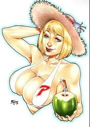 1girls 2019 big_breasts bikini blonde_hair blue_eyes bra breasts busty coconut coconut_drink curvaceous curvy dated dc dc_comics earth-2 earth2 earth_2 ed_benes_studio eyeshadow female female_only fred_benes hat huge_breasts jsa justice_society justice_society_of_america kara_zor-l karen_starr kryptonian large_breasts lipstick makeup mascara nail_polish nipple_bulge nipples pinup power_girl red_lips red_lipstick red_nail_polish red_nails short_hair signature smile smiling solo straw straw_hat superheroine superman_(series) upper_body voluptuous white_bikini white_bra