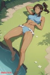 1girls ai_generated arm_behind_head armpits avatar_legends bare_legs bare_shoulders barefoot bikini blue_bikini blue_eyes blush breasts brown_hair bubbleteexl cameltoe clothing dark-skinned_female dark_skin day feet female female_only flower grass hair_ornament hair_tubes korra legs long_hair looking_at_viewer lying medium_breasts midriff navel nickelodeon nicktoons on_back outdoors partially_submerged ponytail rock smile soaking_feet solo spread_legs swimsuit the_avatar the_legend_of_korra thighs tied_hair tree underwear water water_tribe wet